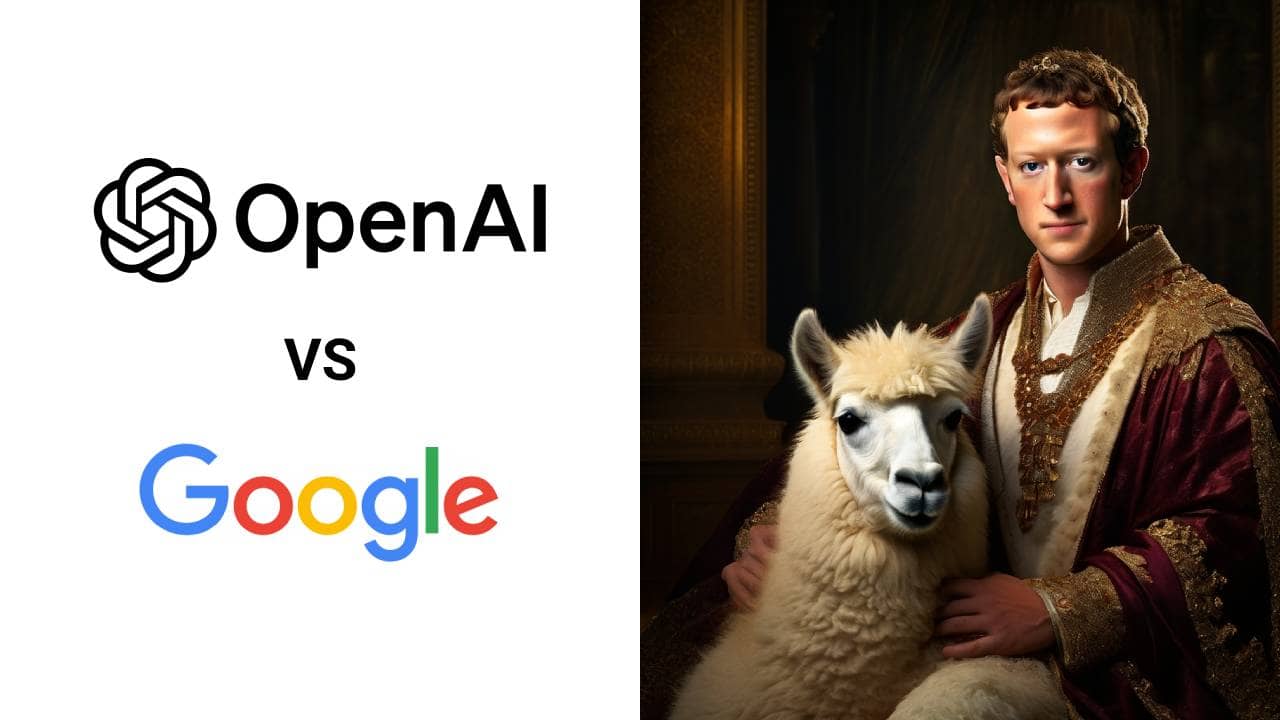 Mark Zuckerberg next to a llama, and open ai vs google logos