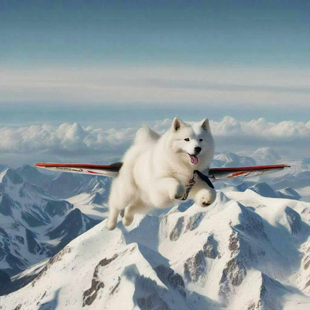 a samoyed flying over the mountains of austria, riding a plane